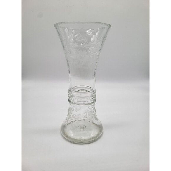 unknown Other - Clear Etched Glass Vase Floral Etched Art Deco Flare Vintage Flare Funnel